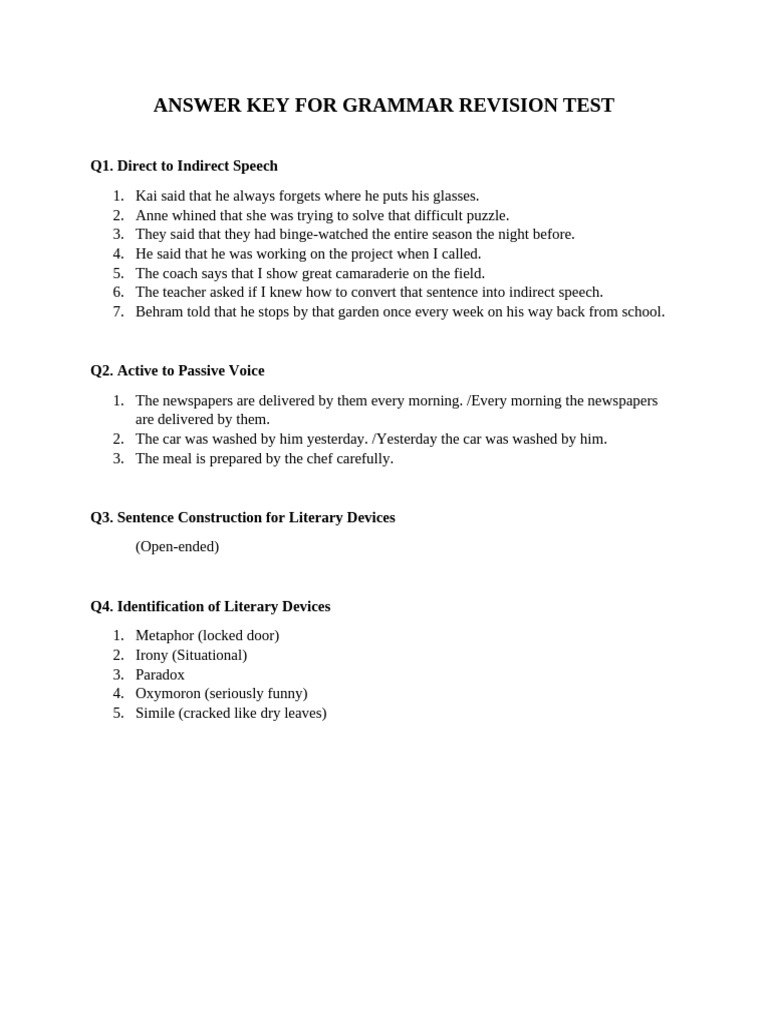 Grammar Revision Test Answer Key | PDF