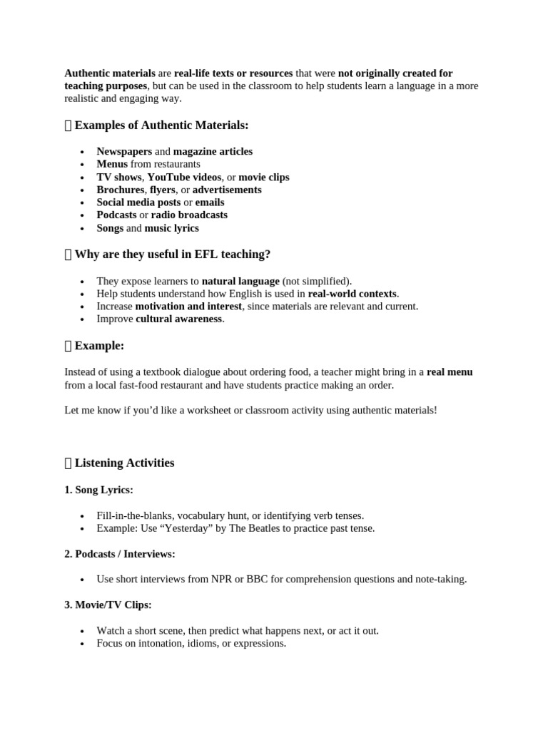 Using Authentic Materials in EFL Teaching | PDF | Menu | Learning