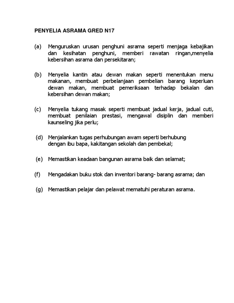 Bidang Tugas Penyelia Asrama N17 Pdf