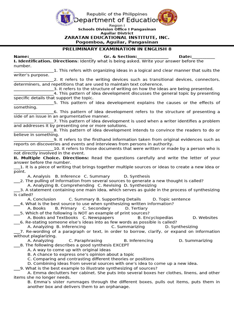 English 8 Preliminary Exam Guide | PDF