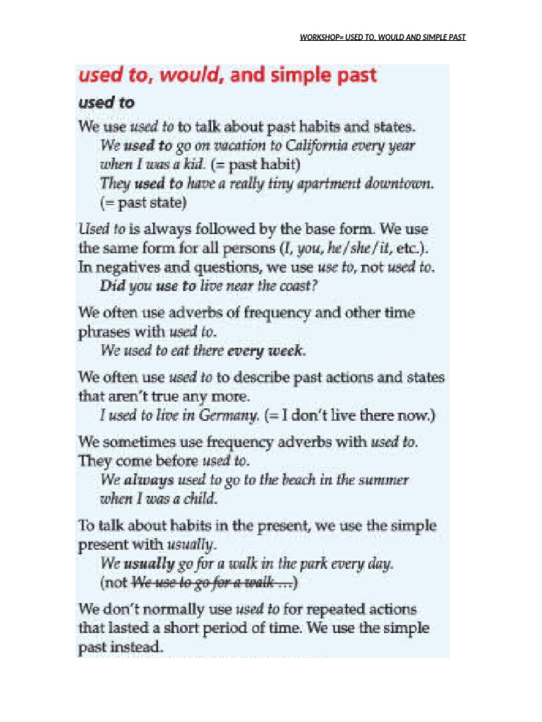 Workshop Used To, Would, Simple Past | PDF