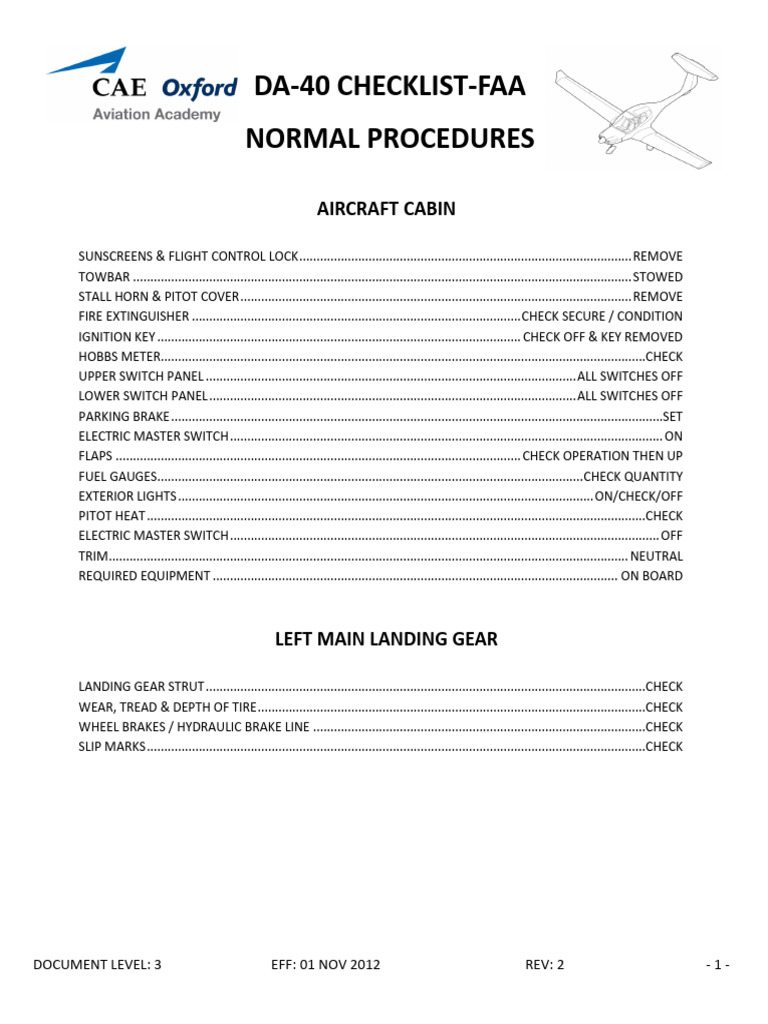 Da 40 Checklist Normal Procedures | PDF | Landing Gear | Aircraft