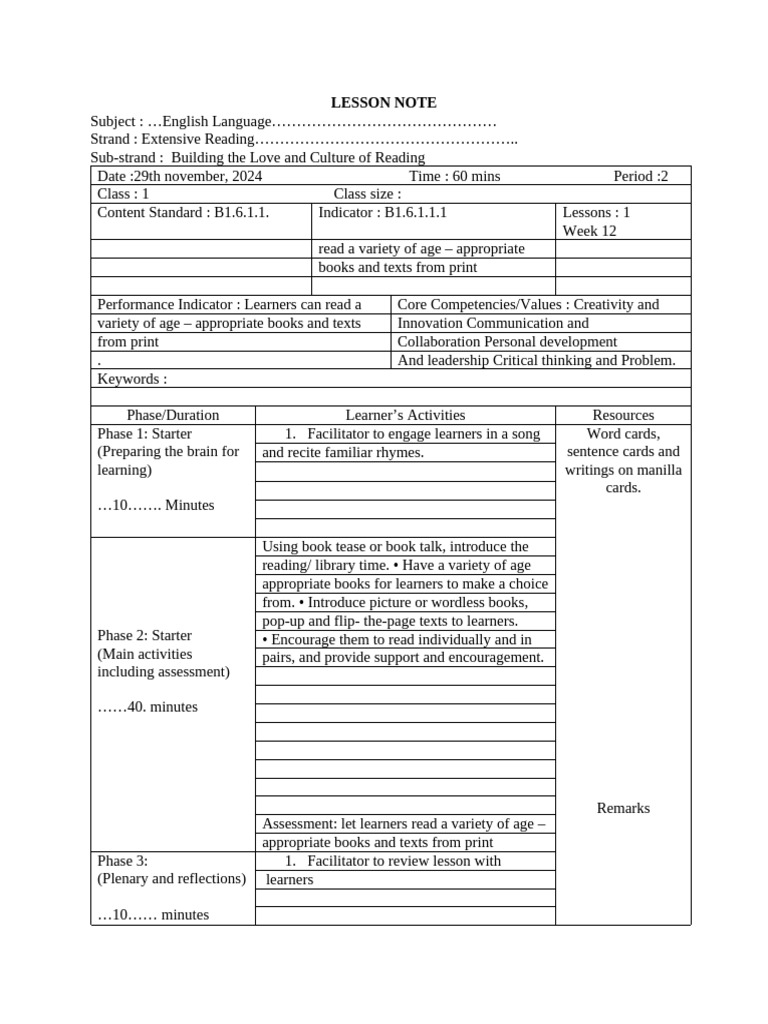 English Reading Lesson Plan for Kids | PDF