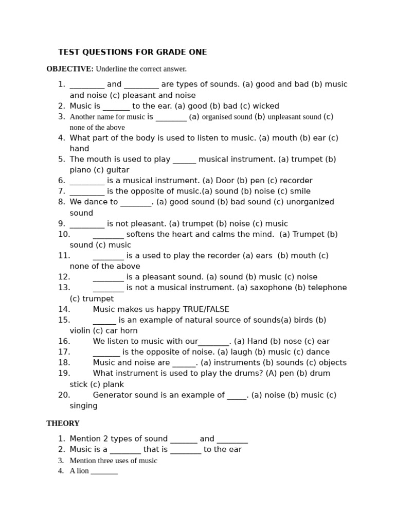 Grade One Music Sound Test Questions | PDF