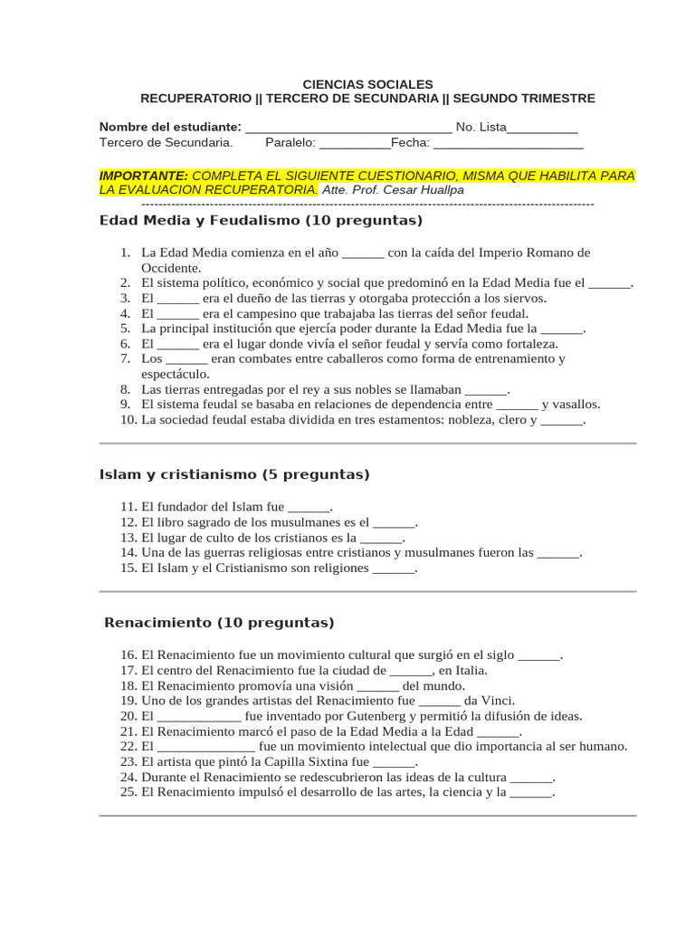 Cuestionario de Ciencias Sociales 3º Sec. | PDF | Feudalismo | Edades ...