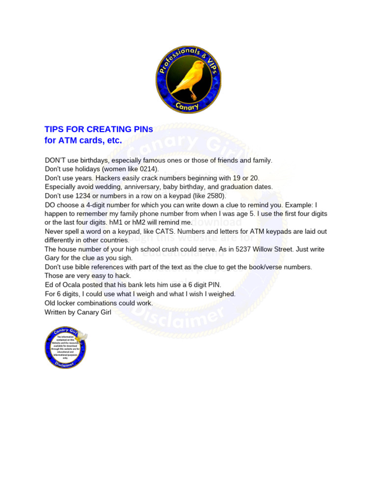 Secure PIN Creation Tips for ATMs | PDF