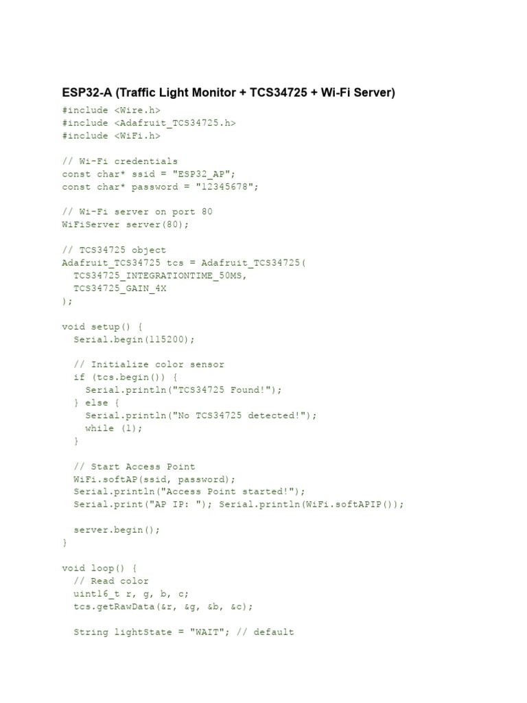 ESP32-A (Traffic Light Monitor + TCS34725 + Wi-Fi Server) - CODE | PDF ...