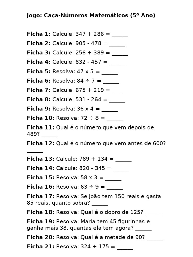Caça-Números: Matemática 5º Ano | PDF