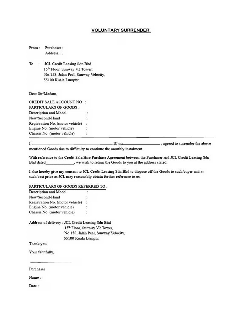 Vehicle Surrender Letter Template | PDF