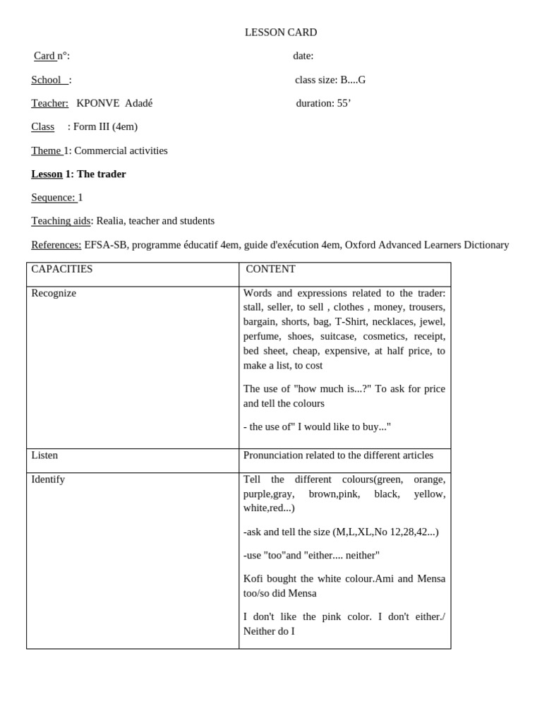 Commercial Activities: The Trader Lesson | PDF | Plural | Vocabulary
