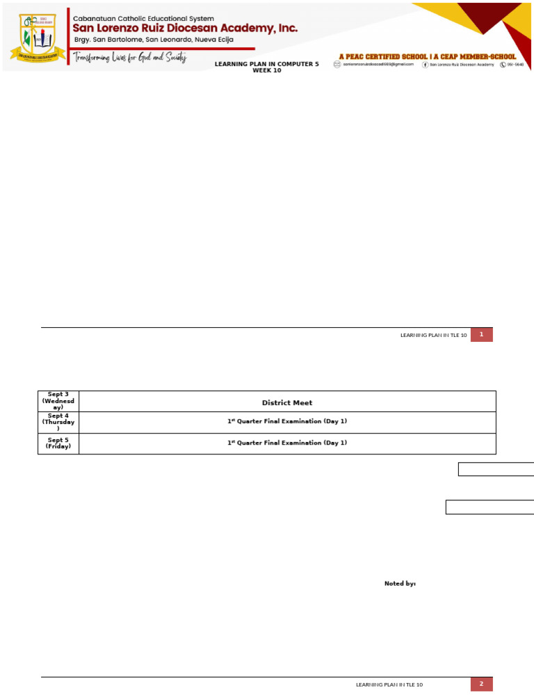 Computer and TLE 10 Learning Plan | PDF