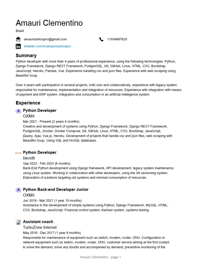Python Developer Resume - Amauri Clementino | PDF | Computer Network ...