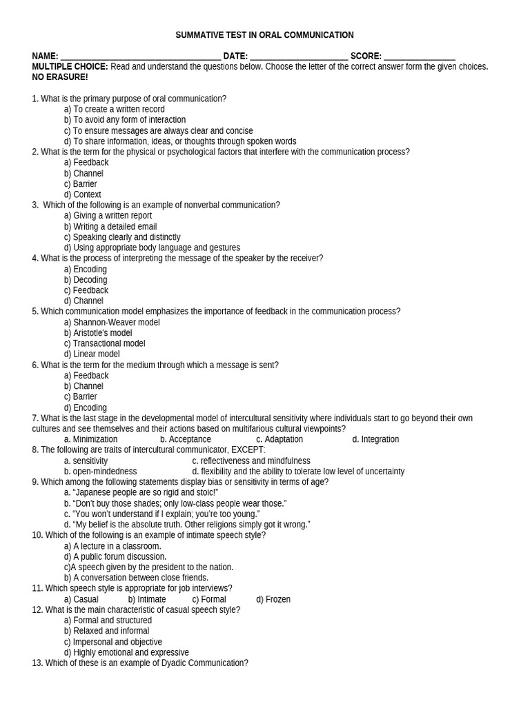 Summative Test in Oral Communication 2.0 | PDF | Communication | Body ...