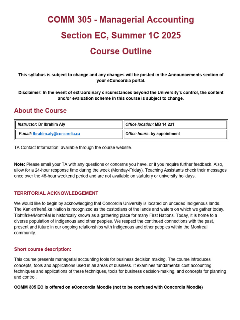 Final COMM 305 - Outline Summer1c25 | PDF | Management Accounting ...