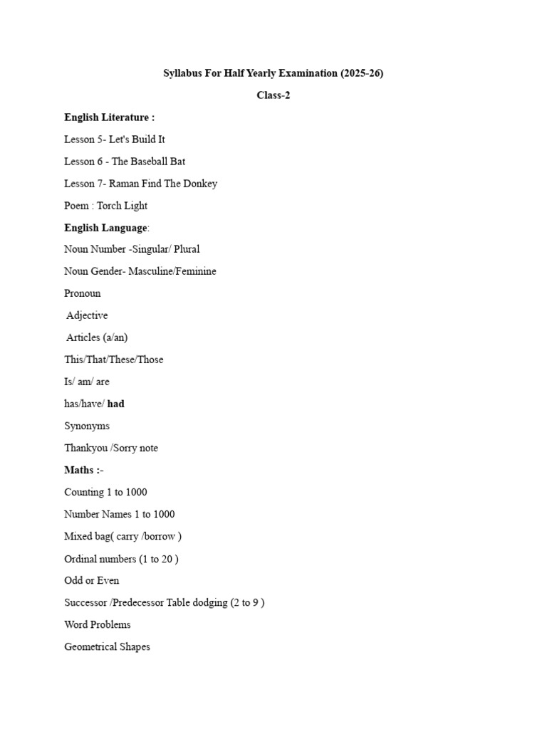 Class 2 Half Yearly Exam Syllabus 2025-26 | PDF
