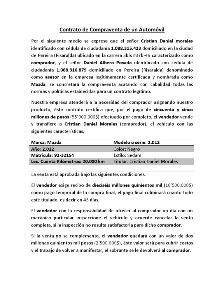Contrato de Compraventa de un Automóvil