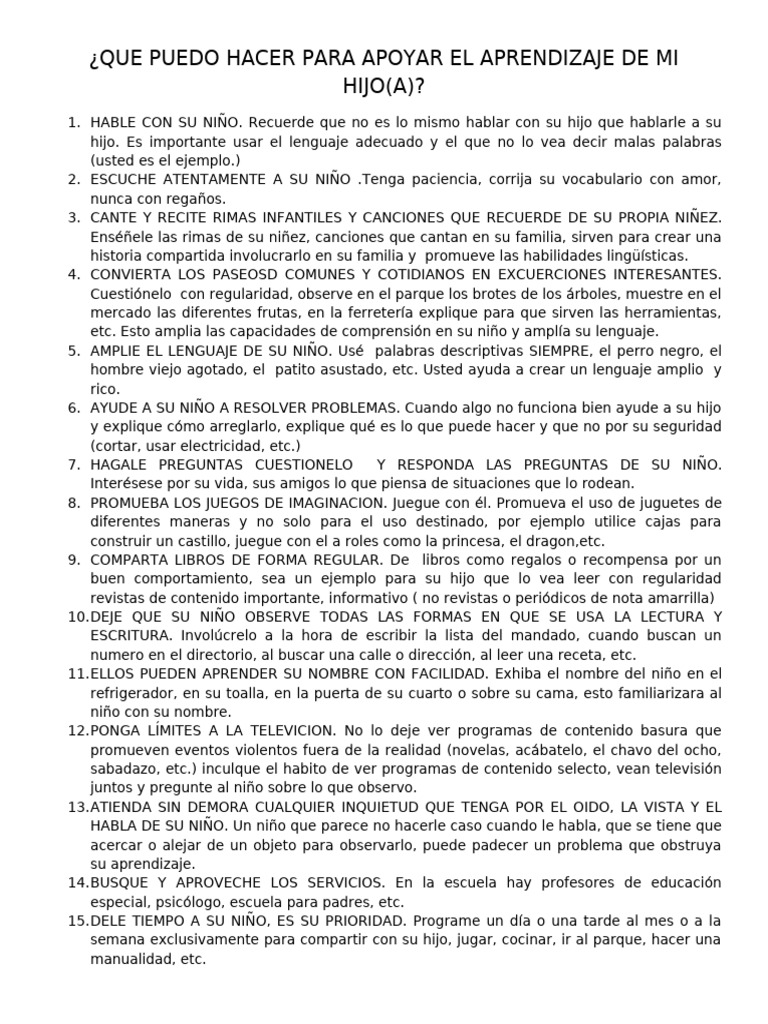 Que Puedo Hacer para Apoyar El Aprendizaje de Mi Hijo | PDF | Las ...