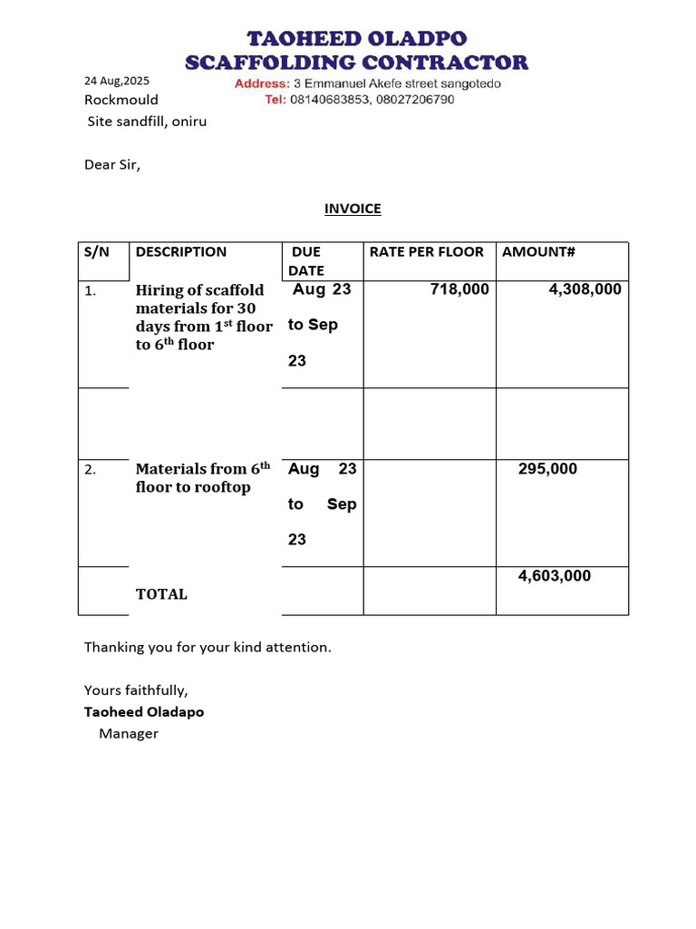 Invoice for Scaffold Hiring and Materials | PDF