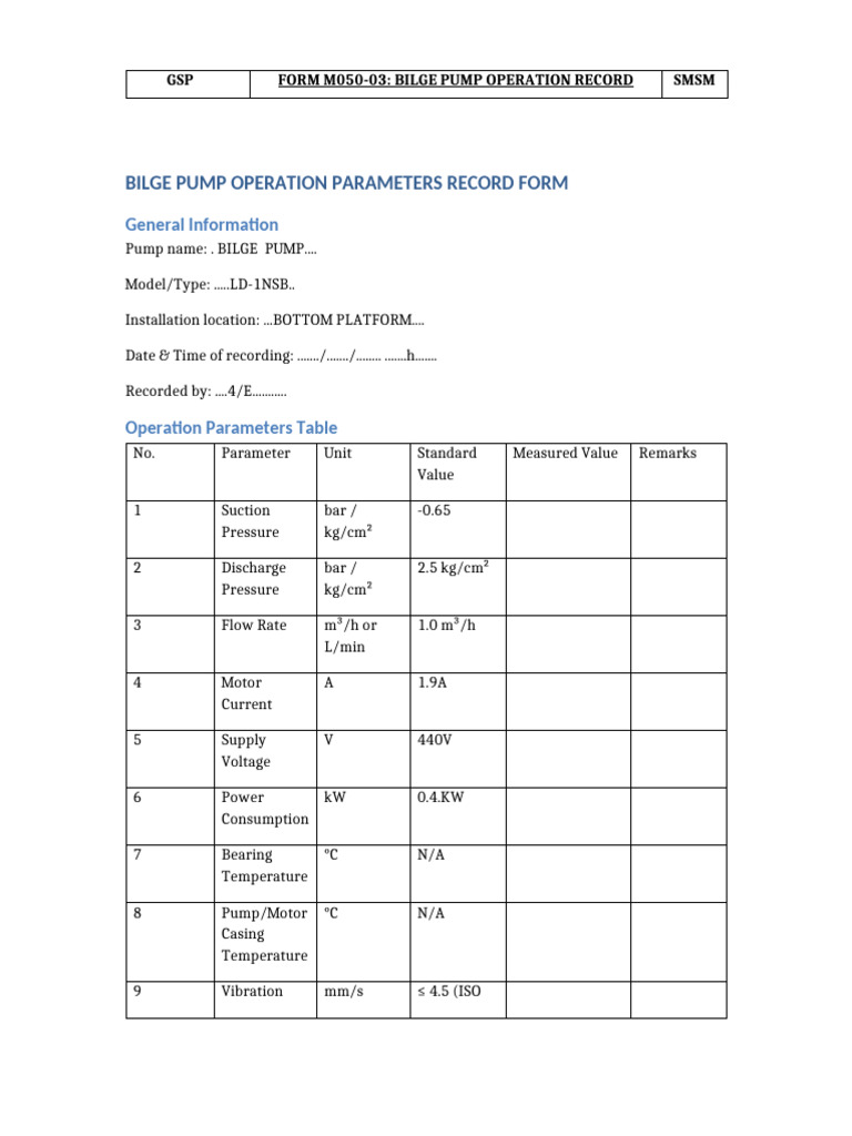 Bilge Pump Operation Form | PDF | Pump | Gas Technologies