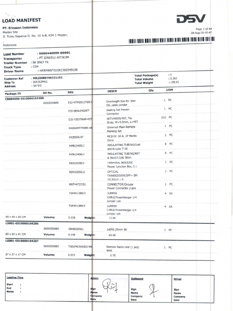 Load Manifest for PT. Ericsson Indonesia | PDF