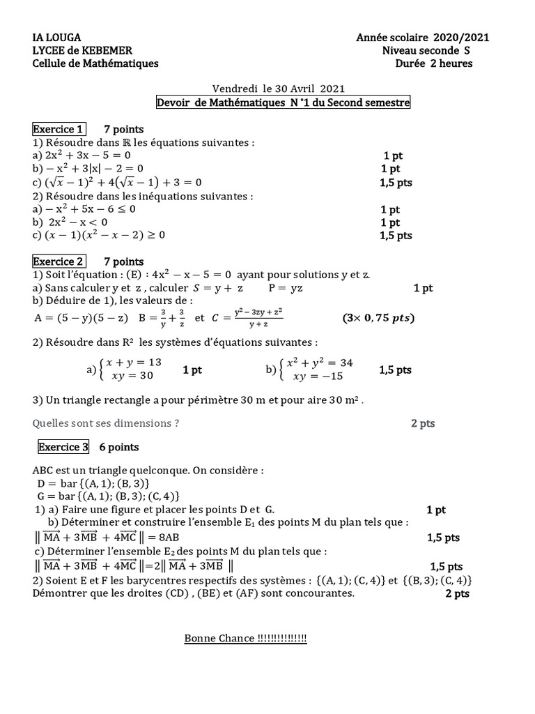 Devoir de Mathématiques Seconde 2021 | PDF | Mathématiques