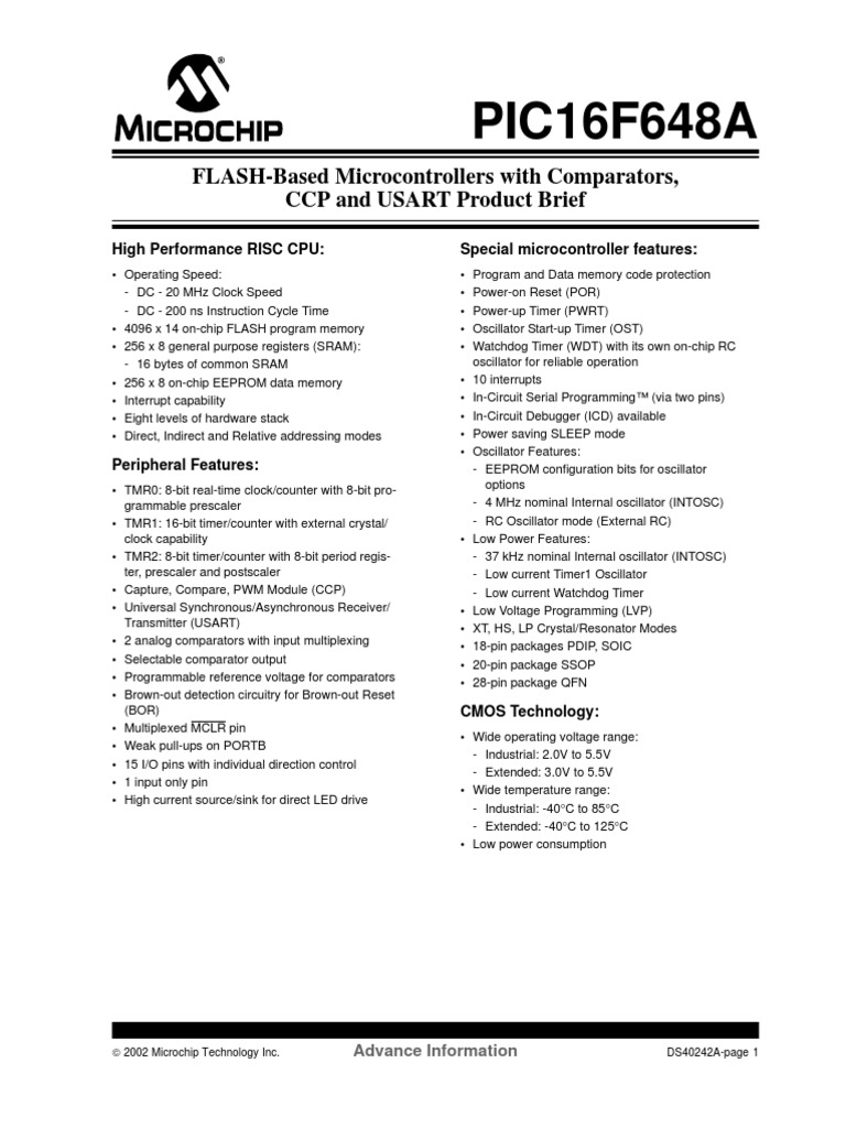 PIC16F648A: FLASH-Based Microcontrollers With Comparators, CCP and ...