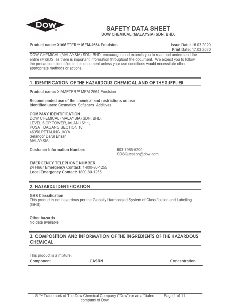 XIAMETER MEM-2664 Emulsion Safety Data | PDF | Toxicity | Chemistry