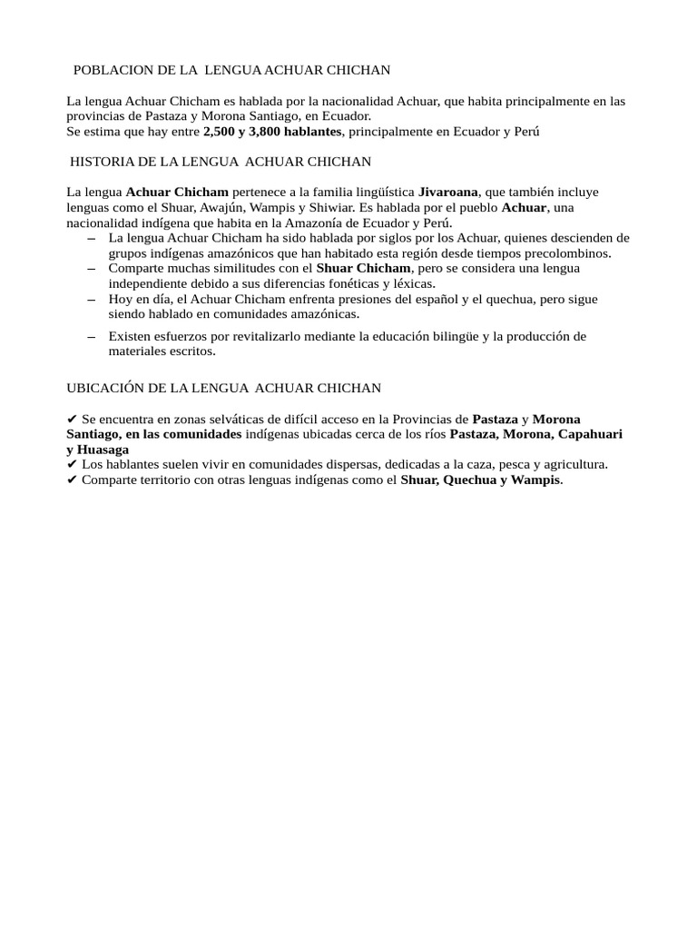 Lengua Achuar Chicham en Ecuador | PDF