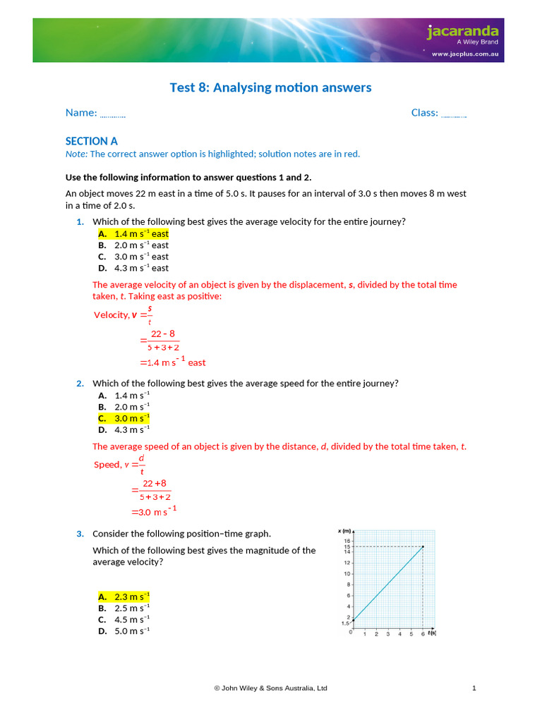 Motion Analysis Test Answers | PDF | Speed | Velocity
