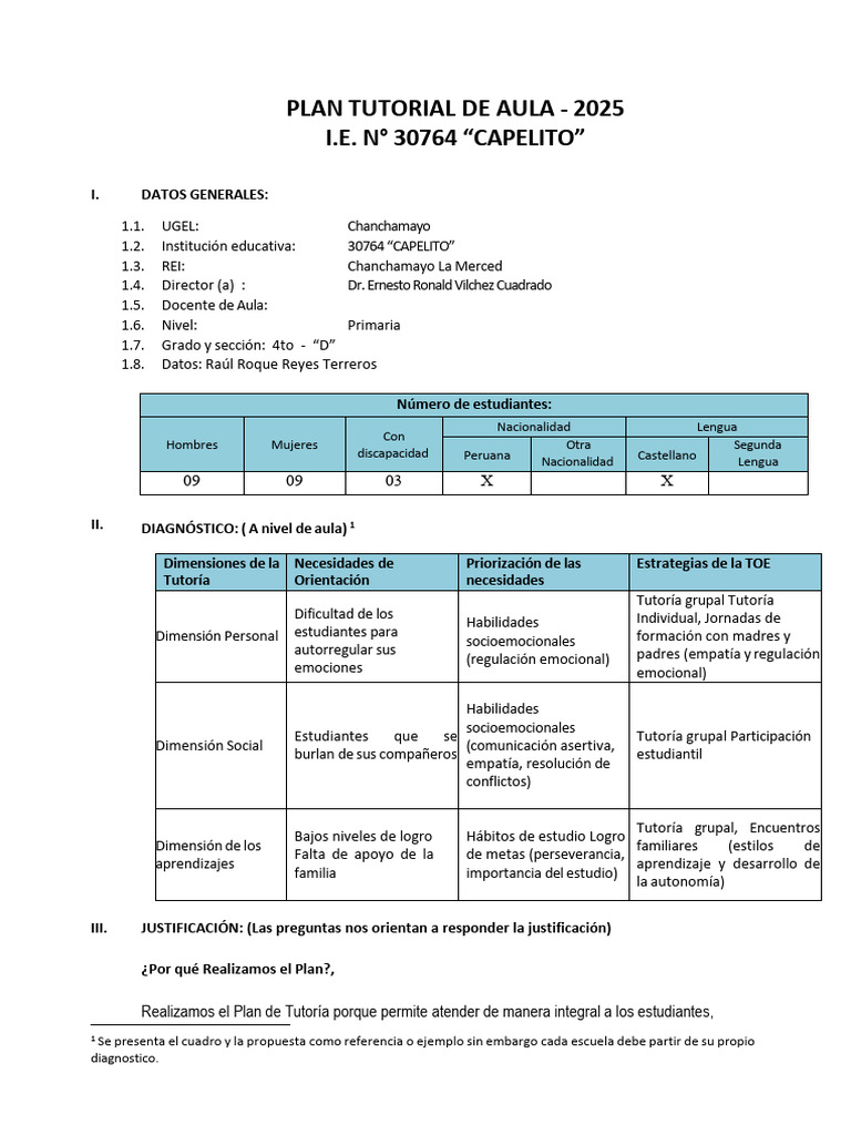 Modelo de Plan de Tutoria Del Aula - Capelito 2025 | PDF ...