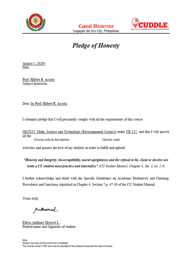 Pledge of Honesty Template v1 .. | PDF