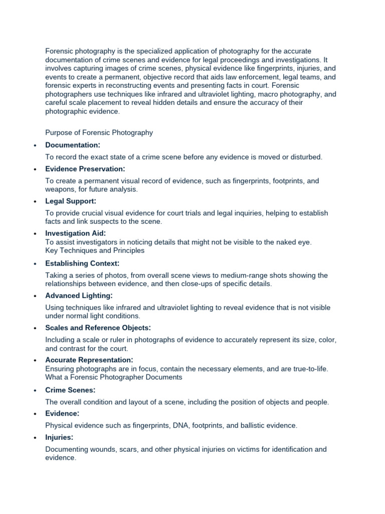 Forensic Photography Techniques Explained | PDF