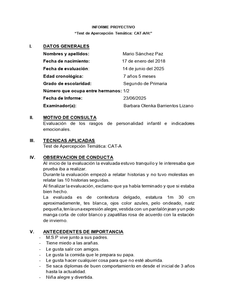 Informe de Evaluación Infantil CAT-A | PDF | Las emociones | Conceptos ...