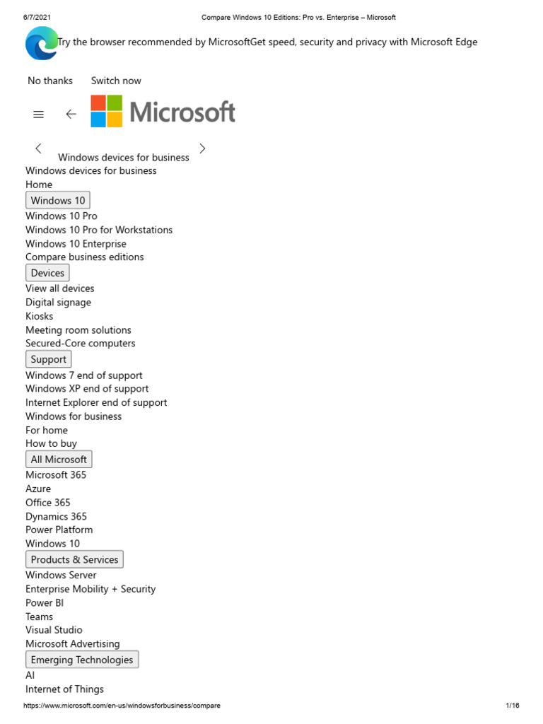 Compare Windows 10 Editions - Pro vs. Enterprise - Microsoft | PDF ...