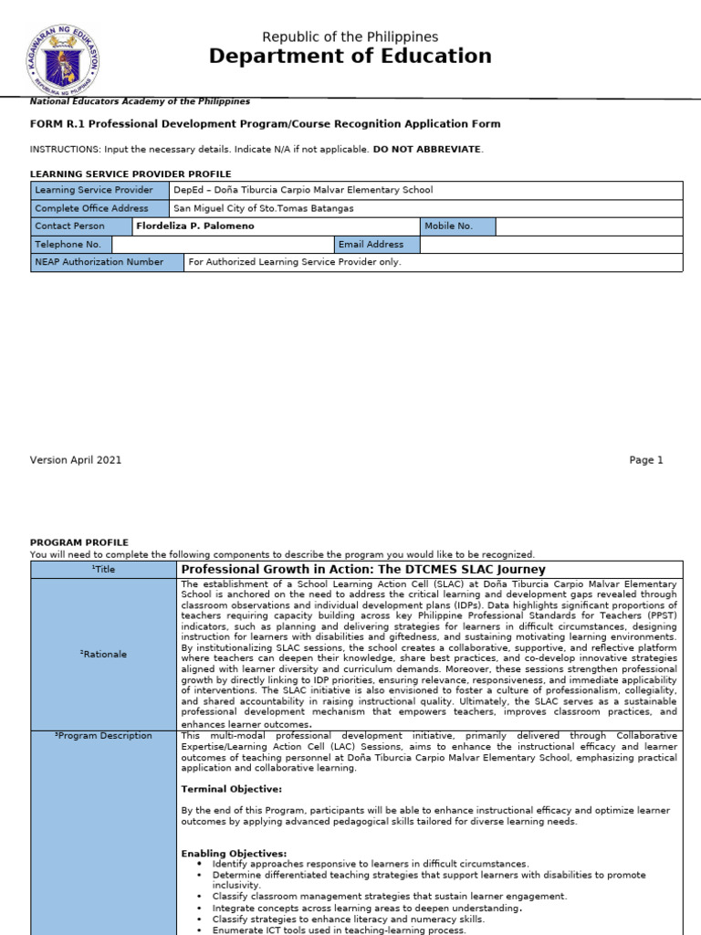 SLAC Program for Teacher Development | PDF | Learning | Educational ...