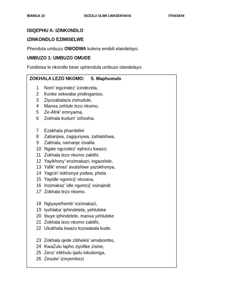 Izinkondlo Zesizulu: Umbuzo Wokuhlola | PDF