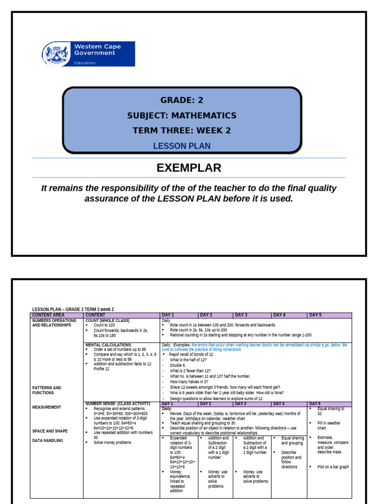 Grade 2 Term 3 Maths Lesson Plan | PDF | Teachers | Learning