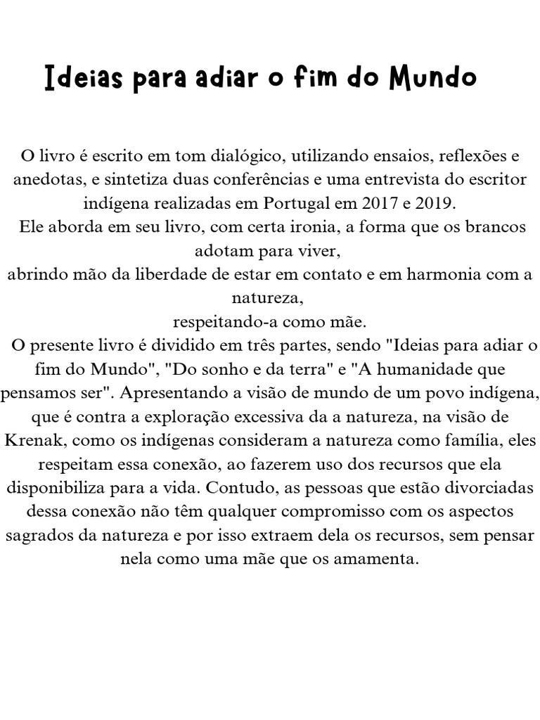 Adiar o Fim do Mundo: Reflexões Indígenas | PDF