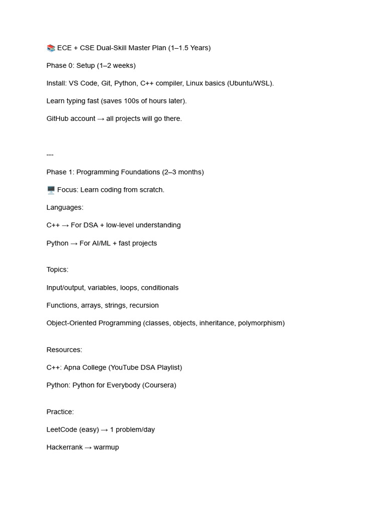 ECE+CSE Dual-Skill Master Plan | PDF | C++ | Python (Programming Language)