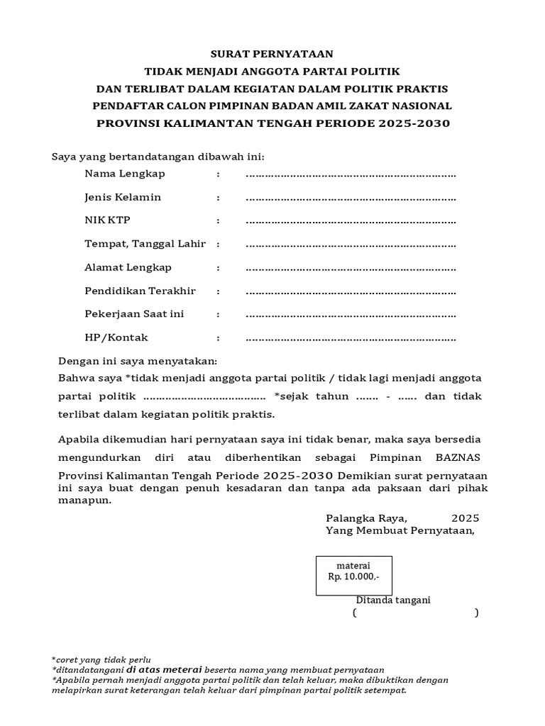 08 FORMAT - Surat Pernyataan Tidak Menjadi Anggota Partai Politik Dan ...