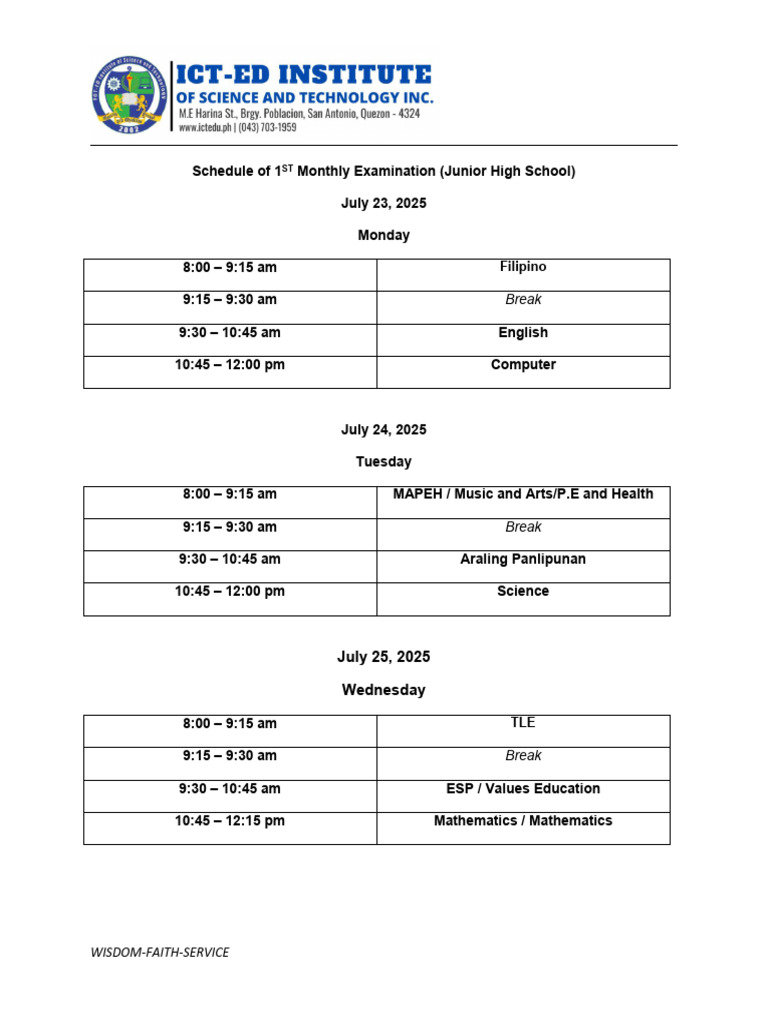 Junior High Monthly Exam Schedule 2025 | PDF