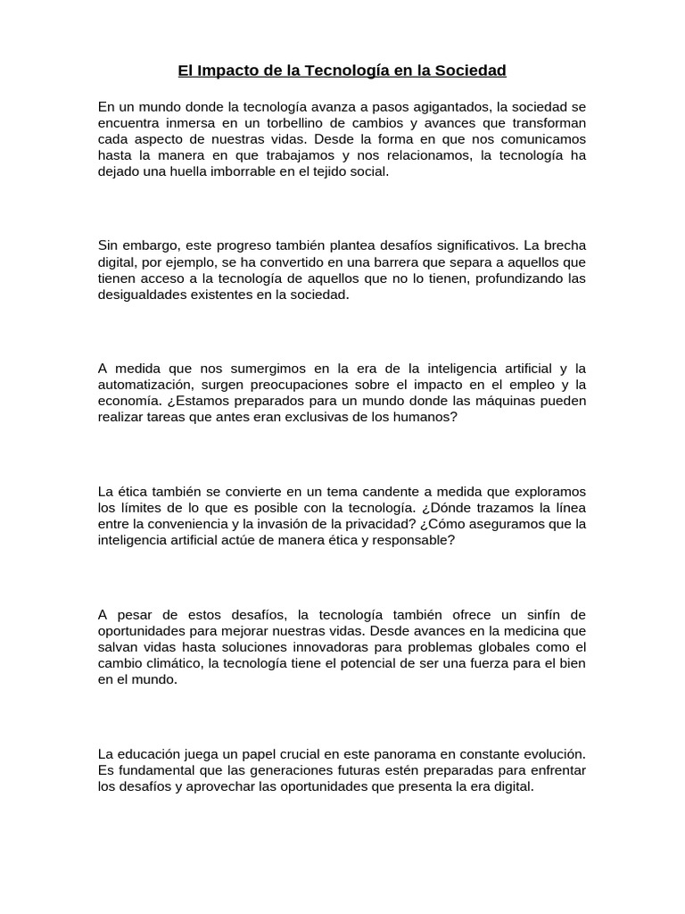 Impacto de la Tecnología en la Sociedad | PDF | Inteligencia artificial ...