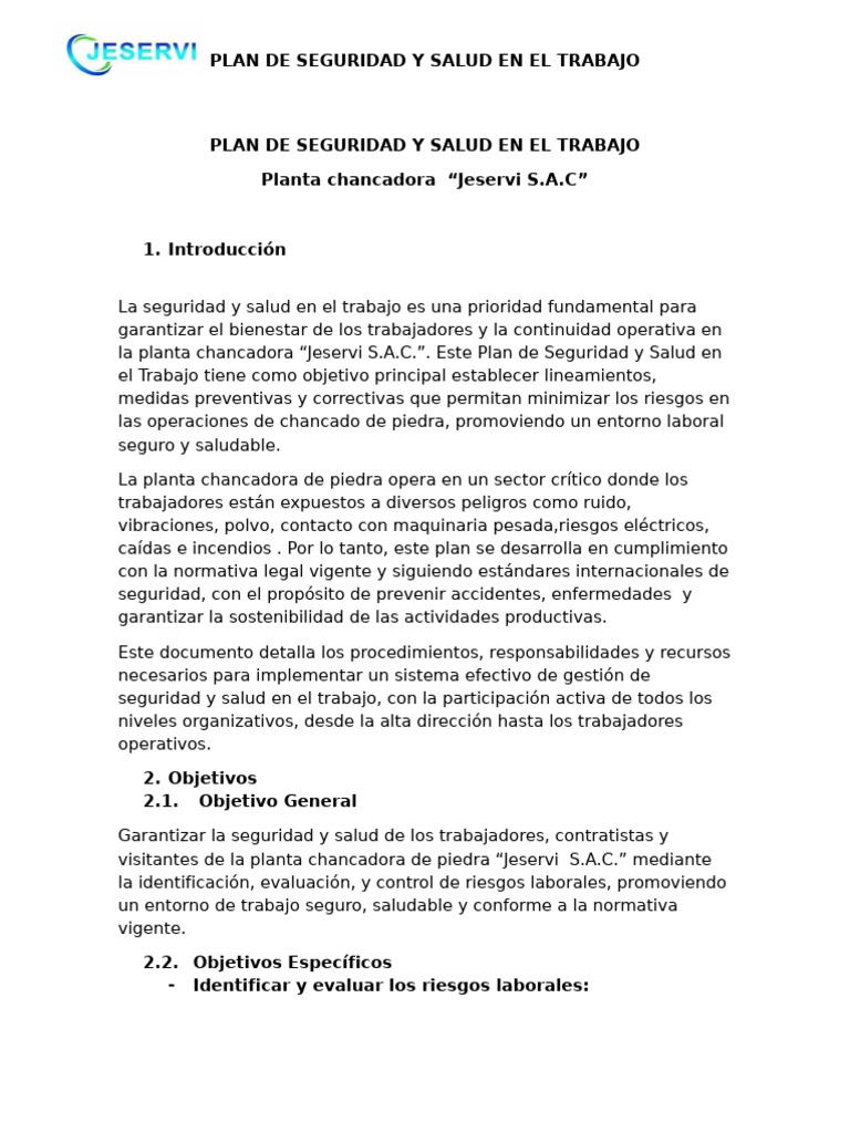 Plan de Seguridad y Salud Laboral en Jeservi S.A.C. | PDF | Seguridad y ...