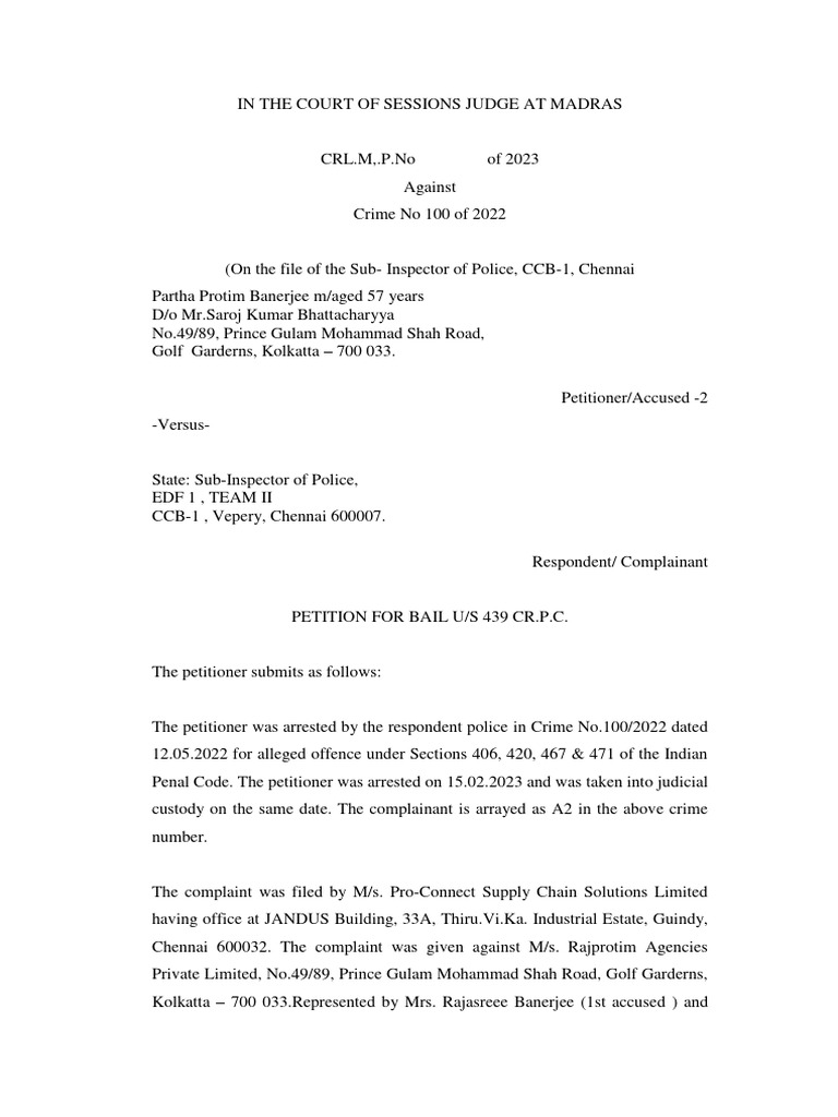 Bail Petition in IPC 406, 420 Case | PDF | Bail | Complaint
