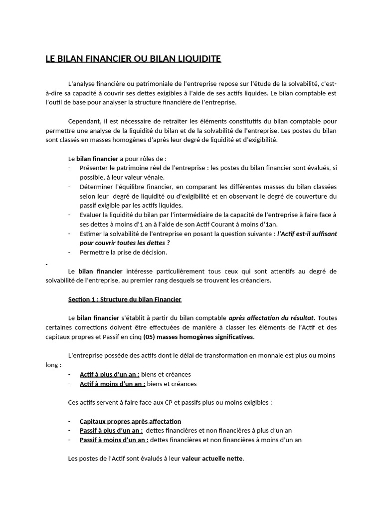 Analyse du Bilan Financier et Liquidité | PDF | Bilan comptable ...