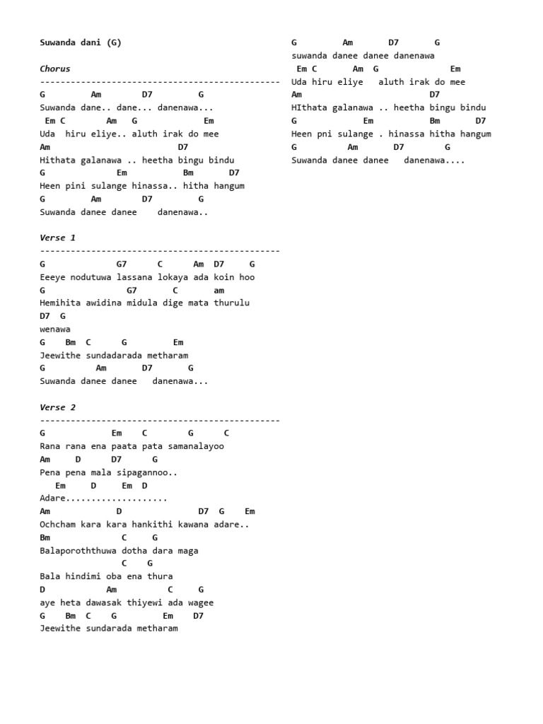 Suwanda Danee Chords and Lyrics | PDF