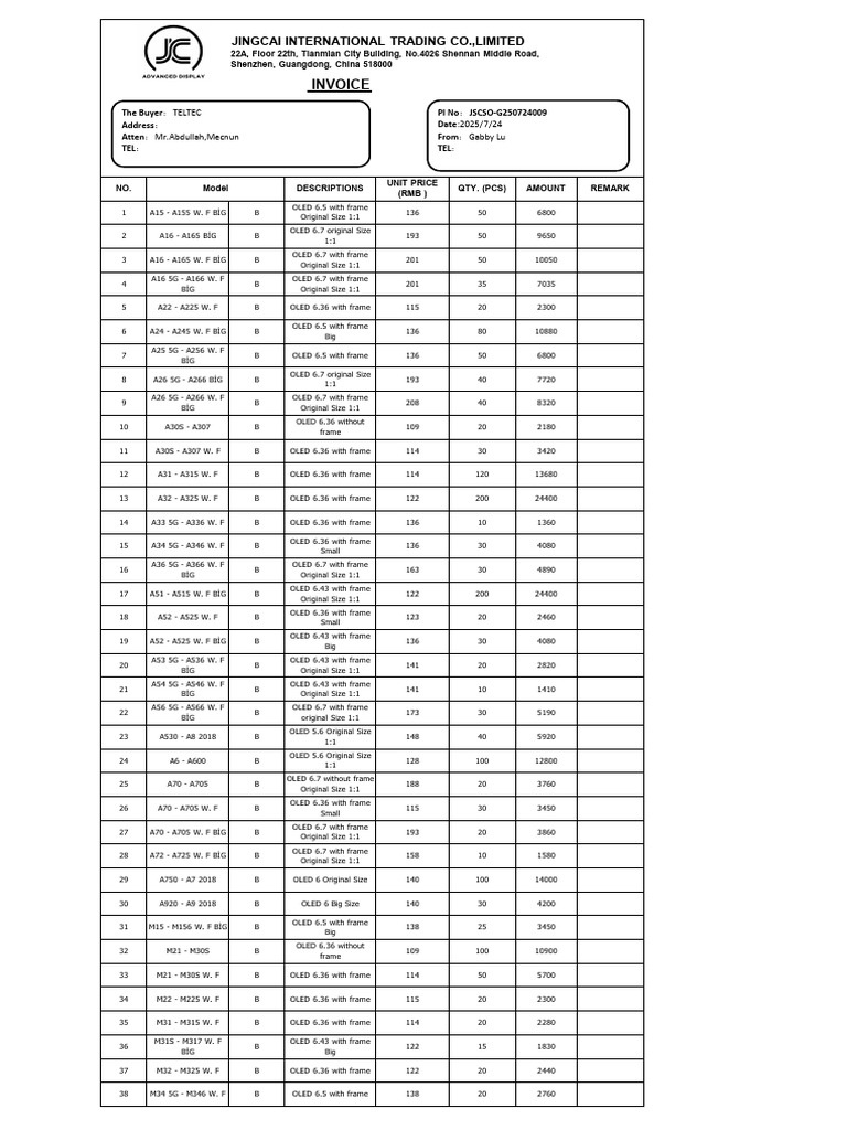 OLED Screen Invoice from Jingcai Trading | PDF | Display Technology ...