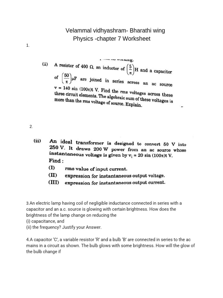 Physics Worksheet on AC Circuits | PDF