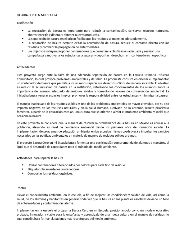 Basura Cero: Proyecto Escolar Ambiental | PDF | Residuos | Reciclaje