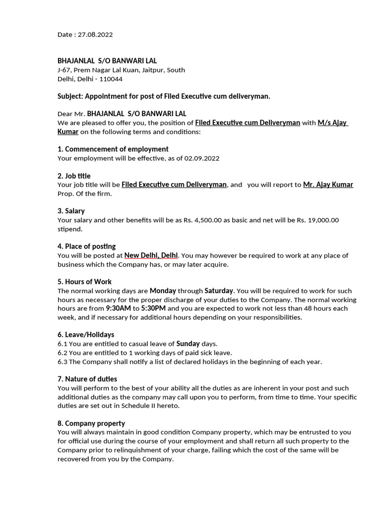 Appointment Letter for Deliveryman Role | PDF | Employment ...